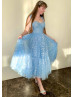 Sky Blue Printed Hearts Tulle Sweet Midi Party Dress